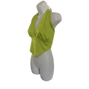 Y2K Women's Halter Crop Top Size L Shimmery Lime Green Strappy Retro Clubwear